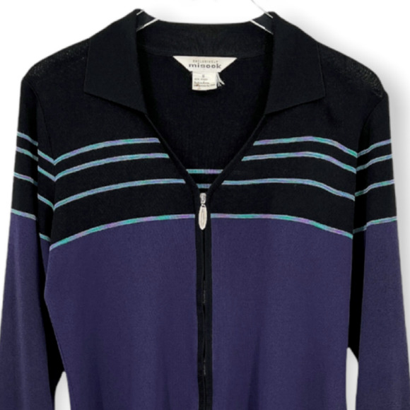 Exclusively Misook Black Purple Striped Zip Up Long Sleeve Knit Cardigan Size S - Picture 2 of 10